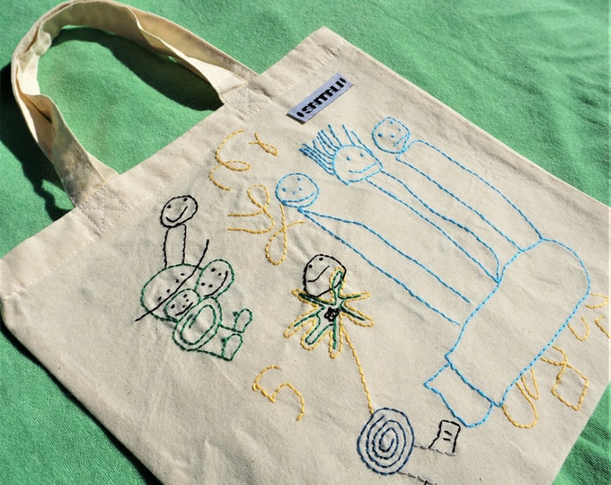 Your kid's painting stitched on cotton tote bag - small size