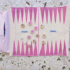 evil eye roll backgammon, griekse tavli, roze gingang, stoffen backgammon