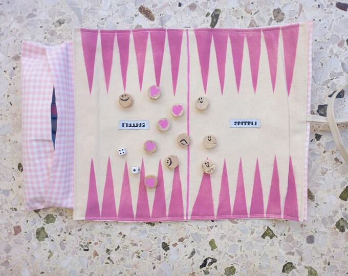 pink gingham evil eye roll backgammon