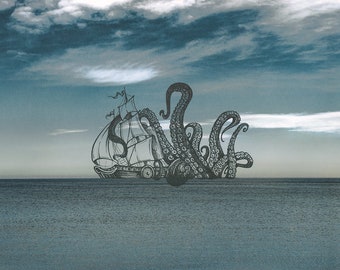 Print Giclée octopus with boat, drawing in China, photo with drawing, Fine Art print.