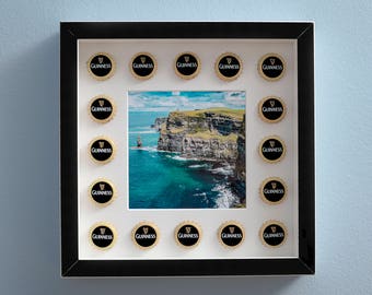 Photo with frame, Guinness beer with caps, photo from furniture, photography with caps