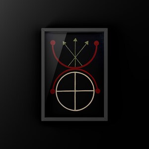 May include: A framed black and white illustration of a geometric design with red and green accents. The design features a circle with a cross inside, surrounded by two curved lines with red dots at the ends.