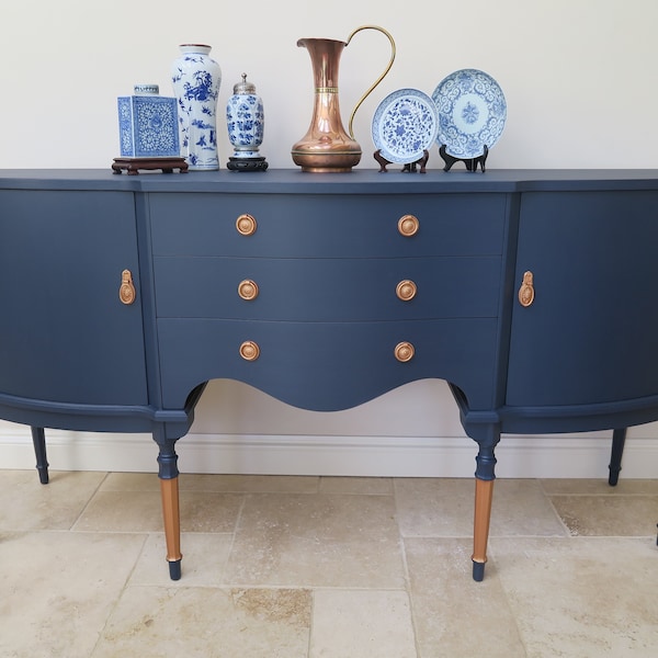 SOLD - Vintage Navy Blue & Copper Sideboard,  Regency Bow Fronted Sideboard, Elegant Painted Sideboard, Large Buffet, Dining Room Furniture