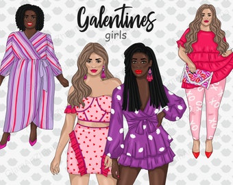 Galentines Best Friends Valentines Fashion Girl Clip Art Watercolor Clipart Stationery Designs Downloads PNG Hand Drawn Sticker Graphics