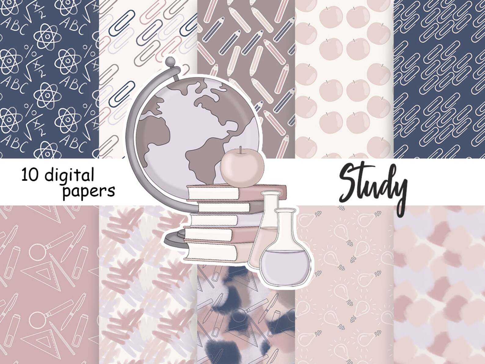Study pattern study digital paper pink blue green white Etsy