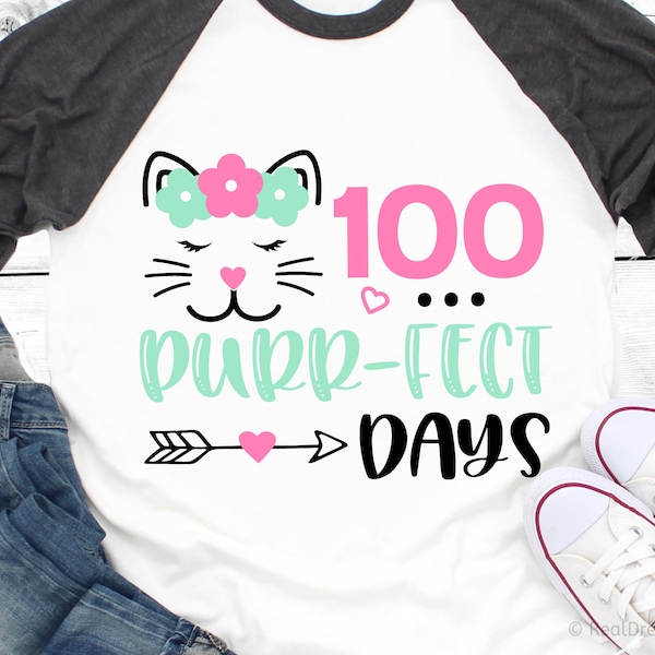 100 Days of School Svg, Girl 100th Day of School, Kitty Face, Kitten Svg, Funny Svg, Baby Girl 100 Days Shirt Svg File for Cricut, Png, Dxf