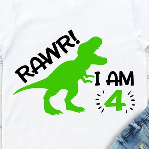 May include: A white t-shirt with a green dinosaur graphic and the text "RAWR! I AM 4" in black.