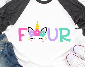 Fourth Birthday Svg, 4th Birthday, Unicorn Svg, Birthday Unicorn Svg, Baby Girl Birthday Party, Birthday Shirt Svg File for Cricut, Png, Dxf