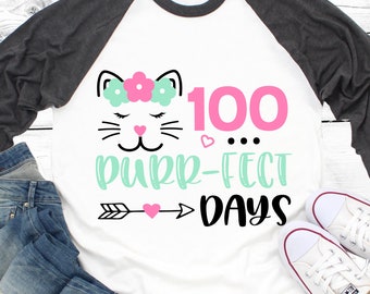 100 Days of School Svg, Girl 100th Day of School, Kitty Face, Kitten Svg, Funny Svg, Baby Girl 100 Days Shirt Svg File for Cricut, Png, Dxf