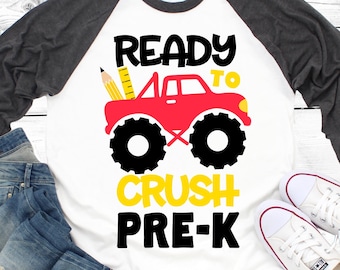Listo para aplastar Pre-K SVG, Regreso a clases SVG, Preescolar SVG, Monster Truck SVG, Niños de escuela SVG divertidos, Archivos para Cricut, PNG, DXF