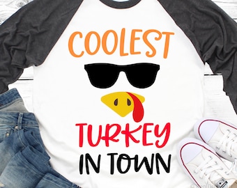 Coolest Turkey in Town Svg, Boy Thanksgiving Svg, Cute Turkey Svg, Turkey Face Svg, Funny Turkey Day Shirt Svg Files for Cricut, Png, Dxf