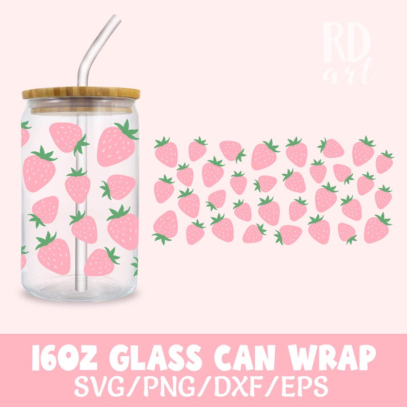 May include: A 16 ounce glass can wrap with a pink and green strawberry pattern. The design is for a 16 ounce glass can with a bamboo lid and a straw. The design includes the text "SVG/PNG/DXF/EPS".
