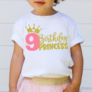 Neuvième anniversaire de princesse Svg, 9e anniversaire de princesse, Svg de princesse, fête d'anniversaire de petite fille, couronne Svg, anniversaire chemise fichiers coupe Svg pour Cricut
