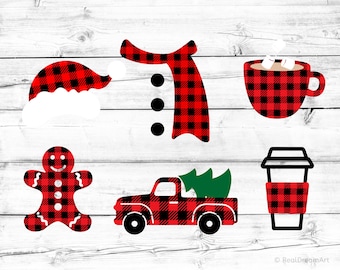 Buffalo Plaid Christmas Svg Bundle, Christmas Svg, Gingerbread Man, Red Truck, Snowman Scarf, Hot Cocoa Svg Cut Files for Cricut, Png, Dxf