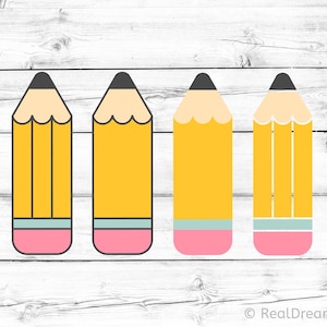 May include: Four yellow pencil illustrations with black tips, light beige pencil bodies, and pink erasers. Each pencil has a light blue band. The pencils are arranged in a row against a white wood grain background.