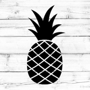 K&ouml;nnte beinhalten: Schwarze und wei&szlig;e Silhouette einer Ananas vor einem wei&szlig;en Holz Hintergrund.
