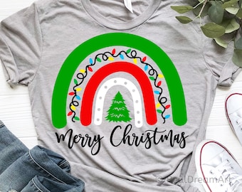 Christmas Rainbow Svg, Kids Christmas Svg, Cute Svg, Merry Christmas, Christmas Lights Svg, Holidays Shirt Svg Files for Cricut, Png, Dxf