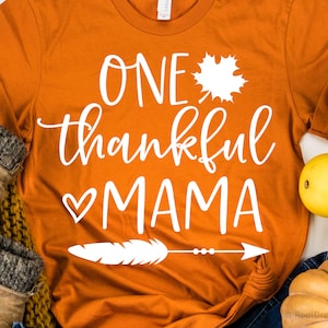 May include: Orange t-shirt with white text that reads "One thankful mama" with a heart and arrow graphic.