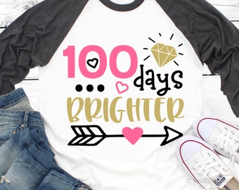 100 Days Brighter Svg, Girl 100 Days of School Svg, 100 Days Smarter, 100 Days Shirt Svg, School Kids Svg Cut File for Cricut, Png, Dxf