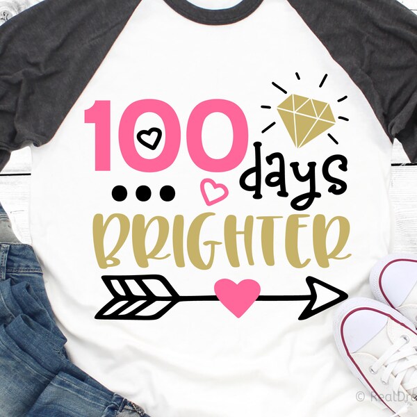 100 Days Brighter Svg, Girl 100 Days of School Svg, 100 Days Smarter, 100 Days Shirt Svg, School Kids Svg Cut File for Cricut, Png, Dxf