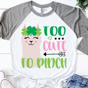May include: A white and gray raglan t-shirt with a green shamrock design and the text "Too Cute To Pinch".