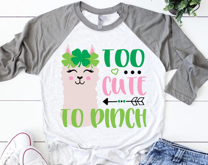 May include: A white and gray raglan t-shirt with a green shamrock design and the text "Too Cute To Pinch".