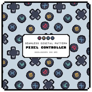 Op de afbeelding: Een naadloos digitaal patroon met gepixelde videogame controllerknoppen in donkergrijs, lichtblauw, geel en rood op een lichtblauwe achtergrond. Een centraal wit rechthoekig label toont de tekst SEAMLESS DIGITAL PATTERN PIXEL CONTROLLER.