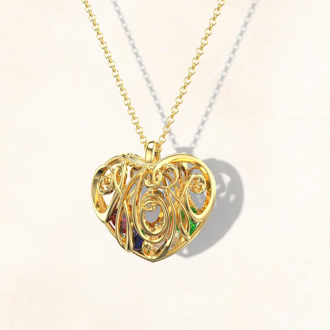 Personalized Mom's Heart Cage Pendant With Birthstones, Custom Pendant