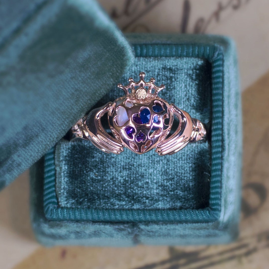 10K 14K Solid Gold never Plated Caged Hearts Claddagh Ring With Personalized Birthstones Etsy