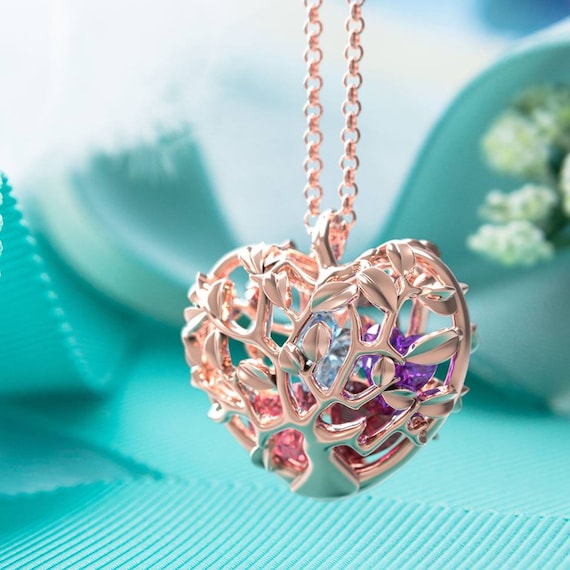 Sterling Silver Engravable Heart Cage Pendant With 1 - 6 Heart Gemstones