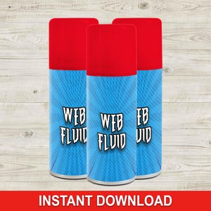 Può includere: Tre flaconi spray cilindrici con tappi rossi e corpi blu. Le bottiglie hanno le parole "WEB FLUID" in un carattere bianco in stile fumetto. Lo sfondo delle bottiglie è un motivo radiale blu. La parte inferiore dell'immagine ha il testo "INSTANT DOWNLOAD".