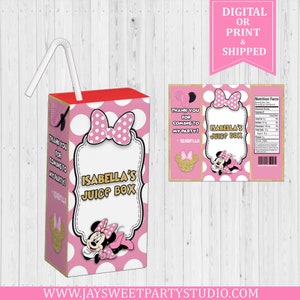 Pink Minnie Mouse Inspired Juice Box Labels - Minnie Mouse Juice  - Minnie Mouse Birthday Party - Minnie Mouse - Digital -  Labels - Juice