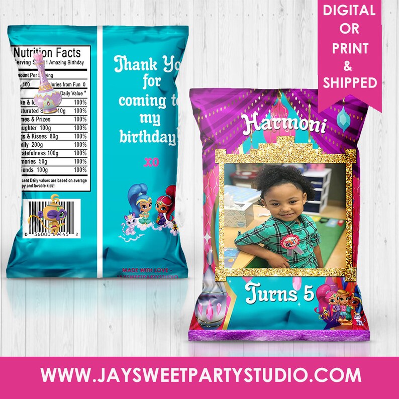 Shimmer and Shine Favor Bags W Photo Custom Chip Bags Shimmer and Shine ...