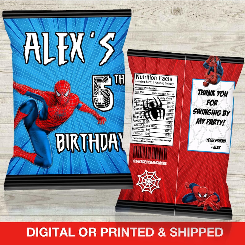 May include: Blue and red Spider-Man themed birthday party favor bags. The front of the bag has the name "ALEX'S" and "5th BIRTHDAY" with a graphic of Spider-Man. The back of the bag has a nutrition facts label and a thank you message.