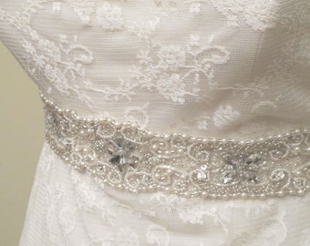 Pearl Crystal Beaded Sash Ivory Wedding Lace Sash Bridal Belt Ivory Beaded Applique Sash Jeweled Sash Hand Beaded Pearl Belt