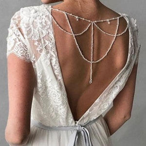 Wedding Back Necklace Shoulder Jewelry Back Drop Shoulder Necklace with Brooch Back  Crystal Pearl Beaded   Body Jewelry Crystal