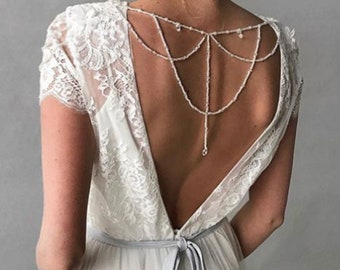 Wedding Back Necklace Shoulder Jewelry Back Drop Shoulder Necklace with Brooch Back  Crystal Pearl Beaded   Body Jewelry Crystal