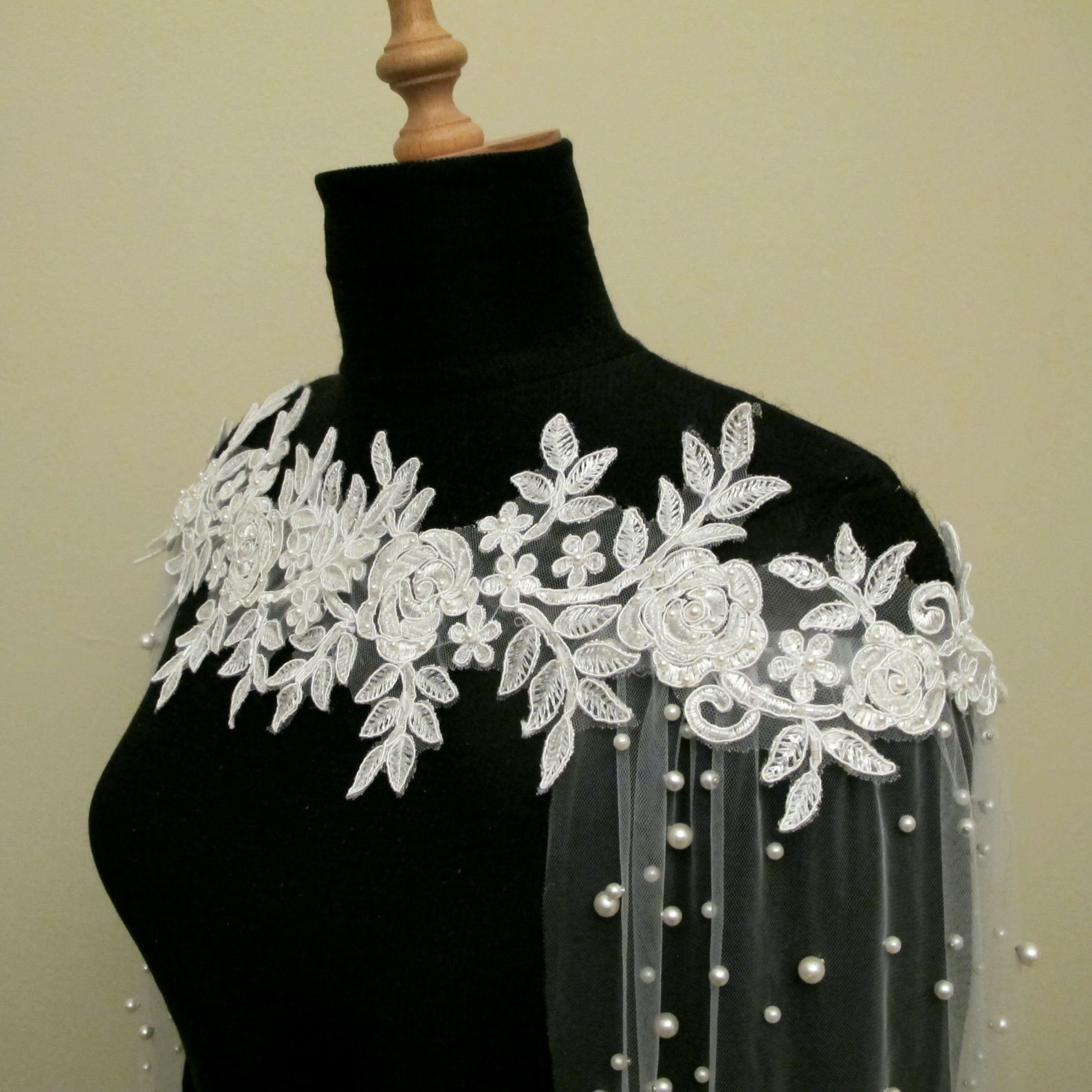 Off Shoulder Wedding Cape Veil Pearl Beaded Tulle Bridal Etsy