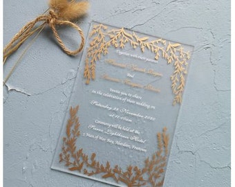Custom acrylic invitation cards, wedding invites, custom design UV Printing, custom laser cutting services, clear acrylic gold printing idea