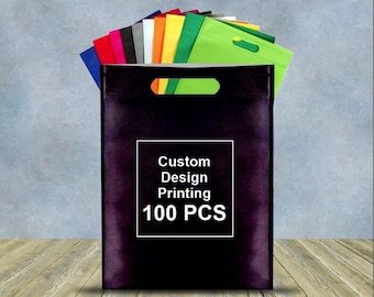 100 pieces, non woven bags, D cut bags, custom logo DTF Printed, business logo, custom text, multi sizes