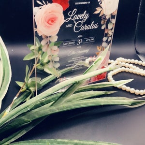 Clear Acrylic Wedding Invitations, acrylic invitation cards, custom invites, bridal shower, Elegant Vintage Floral design, Birthday invites