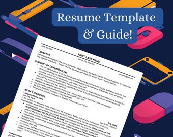 May include: A resume template and guide with the title in a blue banner. The resume is white with black text, and the guide includes a blue background with yellow and pink office supplies.