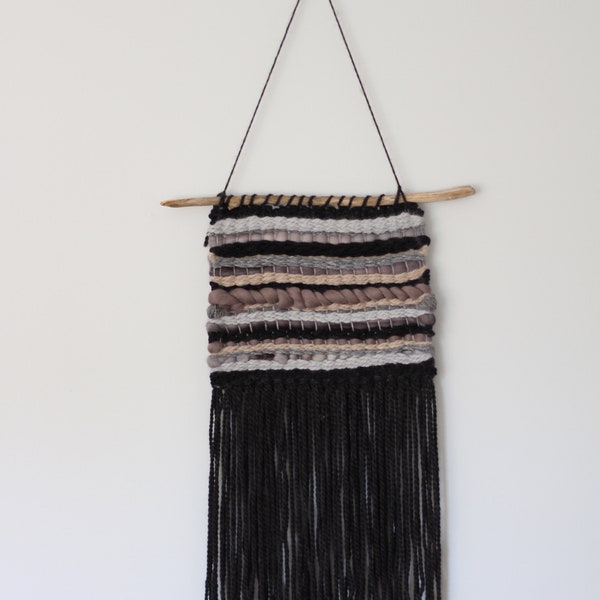 MYSTERIOUS FEMALE:  Woven Tapestry, Wall Hanging, Black, Gray, Beige 25x13",  Poetry Fiber Art