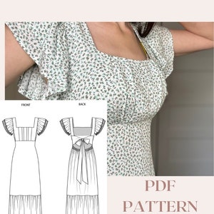 Puede incluir: Un patrón de costura digital para el vestido Esther, con un escote cuadrado, mangas cortas con volantes y una falda de capas. El patrón está disponible en las tallas 6-30. La imagen muestra un dibujo de línea del vestido y una foto de una mujer usando el vestido.