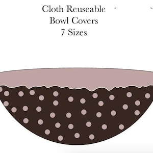 Puede incluir: Cubiertas de cuenco reutilizables de tela con un estampado de lunares marrones y un borde malva. La imagen muestra una sección transversal de una cubierta de cuenco. El texto de la imagen dice "Cloth Reusable Bowl Covers 7 Sizes."
