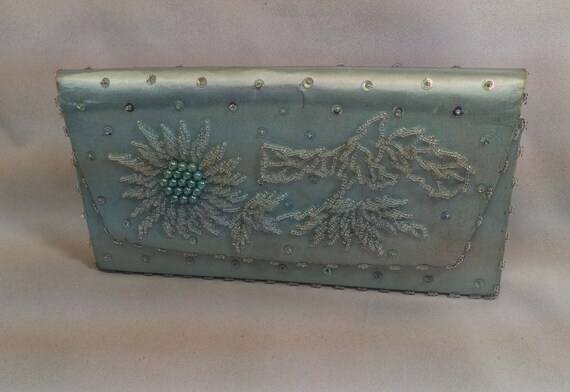 50's Blue Satin , Beaded Clutch (handmade)