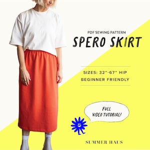 May include: A woman wearing a white t-shirt and a long, orange skirt. The image includes text that reads "SPERO SKIRT" and "SIZES: 32"-67" HIP BEGINNER FRIENDLY". A speech bubble says "FULL VIDEO TUTORIAL!"