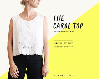 The Carol Top PDF Sewing Pattern // Button Front Tank Top, Cropped Tank, Basic Top // Women's sewing pattern