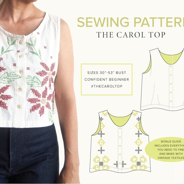 The Carol Top PDF Sewing Pattern // Button Front Tank Top, Cropped Tank, Basic Top // Women's sewing pattern