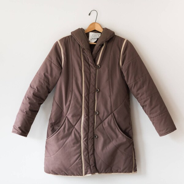 Vintage 80's Long Puffer Coat  // Long Retro Brown Winter Jacket // Women's Size Small // Chill Chaser